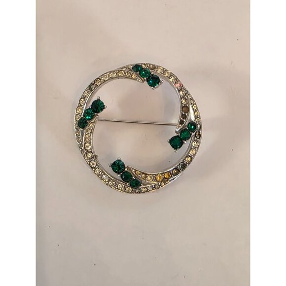 Vintage Silver Tone Circle Brooch With Green & Clear Rhinestones - Picture 1 of 5